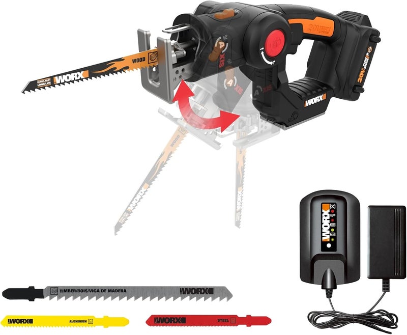 WORX Cordless Reciprocating Saw&Jigsaw, 20V ¾" 2-in-1 Saw, ¾" Stroke Length, 2-in-1 functions, 4 Blades for Different Materials, Compact&Lightweight Design, Battery and Charger Included, PowerShare - Image 1